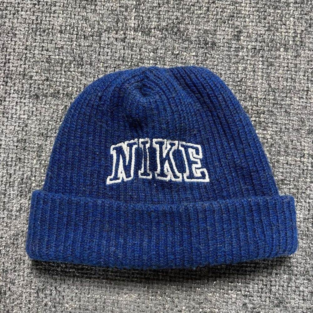 Nike Spellout Beanie Unisex OS Blue Vintage 90s Ribbed Knit Wool Blend Hat